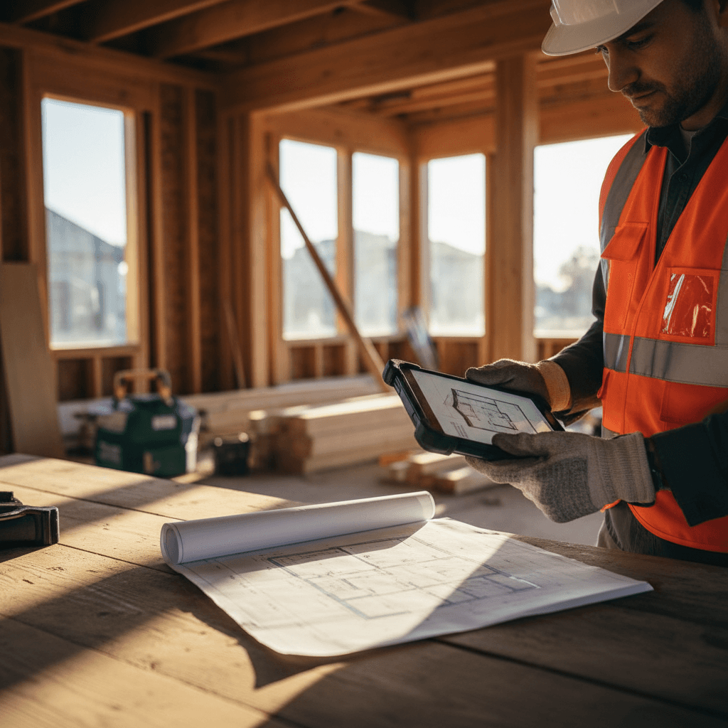 مهندس بناء متخصص يراجع المخططات على موقع العمل